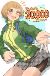Rule 34 | 1girl, backpack, bag, bike shorts, blush, breasts, brown eyes, grey skirt, highres, houndstooth, jacket, kurosususu, light brown hair, long hair, milestone celebration, open mouth, persona, persona 4, pin, satonaka chie, short hair, shorts, shorts under skirt, simple background, skirt, solo, speech bubble, thank you, track jacket, zipper