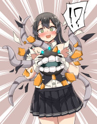 Rule 34 | !?, 1girl, ?, abyssal ship, areola slip, black hair, black skirt, black vest, blouse, blue ribbon, blush, brown background, crack, dress shirt, enemy naval mine (kancolle), gloves, glowing, glowing eye, green eyes, hair ornament, hairclip, halloween, highres, holding, kantai collection, long hair, neck ribbon, open mouth, oyashio (kancolle), pleated skirt, ribbon, shirt, skirt, solo, teeth, tentacles, thinking, torn clothes, torn shirt, vest, wasumi kei, white gloves, white shirt