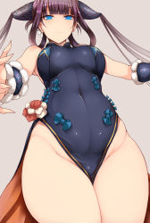 Rule 34 | 1girl, absurdres, bare shoulders, black dress, blue eyes, blunt bangs, breasts, china dress, chinese clothes, closed mouth, commentary request, covered navel, detached sleeves, dress, fate/grand order, fate (series), from below, hair ornament, highres, hip bones, long hair, looking at viewer, looking down, medium breasts, no panties, outstretched arms, purple hair, side slit, sidelocks, simple background, smile, solo, thighs, tsukasawa takamatsu, twintails, very long hair, yang guifei (fate), yang guifei (second ascension) (fate)