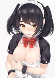 Rule 34 | 1girl, bad id, bad pixiv id, black hair, blush, bow, bowtie, commentary request, detached collar, dress, frills, highres, maid, maid headdress, orange eyes, original, parted lips, ponyaru, red bow, red bowtie, short hair, short sleeves, short twintails, sidelocks, solo, swept bangs, twintails, upper body, white dress, wrist cuffs