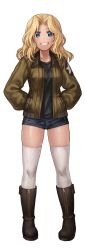 Rule 34 | 10s, :d, absurdres, black shirt, blonde hair, blouse, bomber jacket, boots, full body, girls und panzer, hair intakes, hands in pockets, highres, jacket, kay (girls und panzer), lain, open mouth, saunders school uniform, school uniform, shirt, short shorts, shorts, simple background, skindentation, smile, solo, standing, thighhighs, thighs, white background, white thighhighs