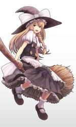 Rule 34 | 1girl, bad id, bad pixiv id, blonde hair, braid, broom, broom riding, female focus, full body, gradient background, hair ribbon, hat, highres, kirisame marisa, long hair, mary janes, open mouth, ribbon, shirakaba, shoes, sidesaddle, socks, solo, touhou, witch, witch hat, yellow eyes