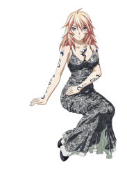 Rule 34 | 1girl, bare arms, bare shoulders, black footwear, blush, breasts, cleavage, closed mouth, collarbone, dress, eyebrows, female focus, fingernails, full body, highres, ikkitousen, jpeg artifacts, large breasts, legs together, long hair, looking at viewer, multicolored hair, shibai chuutatsu, shoes, simple background, sitting, sitting on object, smile, solo, streaked hair, tagme, tattoo, white background