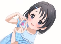 Rule 34 | 1girl, black eyes, black hair, blue dress, blush, checkered clothes, checkered dress, child, collar, commentary, dot nose, dress, flat chest, frilled collar, frills, hair ornament, hairclip, hands up, heart, heart hands, highres, idolmaster, idolmaster cinderella girls, looking at viewer, megabee e, open mouth, sasaki chie, short hair, short sleeves, smile, solo, symbol-only commentary, upper body, white background