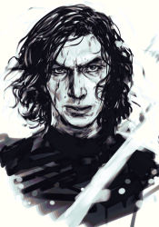 Rule 34 | 1boy, angry, black hair, blood, cloak, greyscale, hungry clicker, kylo ren, lips, looking at viewer, male focus, manly, monochrome, portrait, scar, short hair, simple background, sith, solo, star wars, star wars: the force awakens, white background