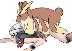 Rule 34 | absurdres, ass, beanie, clothed sex, creatures (company), dawn (pokemon), doggystyle, game freak, gen 4 pokemon, hat, heart, heart-shaped pupils, highres, lopunny, nintendo, nivi, no panties, pokemon, pokemon dppt, pokephilia, sex, sex from behind, skirt, symbol-shaped pupils, tongue, top-down bottom-up
