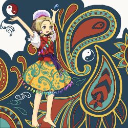 Rule 34 | 1girl, arms up, barefoot, blonde hair, breasts, commentary request, frilled sleeves, frills, full body, kaigen 1025, magatama, medium hair, oekaki, open mouth, orb, paisley, puffy short sleeves, puffy sleeves, red vest, shirt, short sleeves, skirt, small breasts, smile, solo, tamatsukuri misumaru, touhou, vest, white shirt, yellow skirt, yin yang, yin yang orb