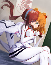 Rule 34 | 2girls, ass, bodysuit, breasts, brown hair, chinese commentary, commentary request, dated, evangelion: 3.0+1.0 thrice upon a time, evangelion: 3.0 you can (not) redo, eyepatch, hairband, handheld game console, highres, hug, hug from behind, interface headset, long hair, low ponytail, makinami mari illustrious, medium hair, multiple girls, neon genesis evangelion, nerv, one-eyed, orange hair, playing games, plugsuit, rebuild of evangelion, red-framed eyewear, semi-rimless eyewear, shi boyuan, signature, sitting, skin tight, small breasts, souryuu asuka langley, two side up, under-rim eyewear, white bodysuit, wide hips