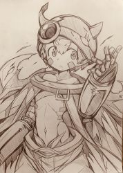 Rule 34 | 1boy, bad id, bad twitter id, bare shoulders, facial mark, hand up, helmet, highres, made in abyss, male focus, mitsuba-sama (milkba-ng), navel, nipples, pointy ears, regu (made in abyss), short hair, sketch, solo