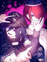 Rule 34 | 2boys, cape, commentary request, company connection, crossover, danganronpa (series), danganronpa v3: killing harmony, evil grin, evil smile, grin, hair over one eye, hat, looking at viewer, master detective archives: rain code, multiple boys, oma kokichi, purple hair, red hair, smile, teruha kurumi, yomi hellsmile