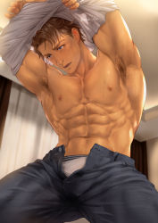 Rule 34 | 1boy, abs, armpit hair, armpits, bare pectorals, black pants, blue eyes, blush, brown hair, clothes lift, highres, jim (mondi hl), large pectorals, male focus, male underwear, male underwear peek, mondi hl, muscular, muscular male, navel, nipples, open pants, original, pants, pectorals, shirt, shirt lift, short hair, solo, sweat, twitter username, underwear, undressing, white male underwear, white shirt