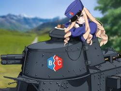 Rule 34 | 1girl, absurdres, bc freedom military uniform, blonde hair, cake, drill hair, food, food on face, ft-17, fte (fifteen 199), girls und panzer, green eyes, high collar, highres, long hair, looking at viewer, marie (girls und panzer), messy hair, military, military vehicle, motor vehicle, plate, solo, tank