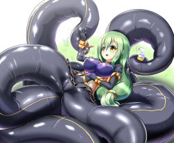 Rule 34 | 1girl, aishuu hebiko, ass, bodysuit, breasts, covered erect nipples, dated, female focus, food, gloves, grass, green hair, highres, ice cream, large breasts, long hair, lying, monster girl, ninja, open mouth, partially visible vulva, shiny clothes, shiny skin, skirt, smile, solo, taimanin (series), taimanin asagi, taimanin rpgx, very long hair, yellow eyes, zakkin (zakkinman)