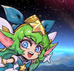 Rule 34 | 1girl, animal ears, blue eyes, bow, bowtie, earth (planet), gloves, green bow, green bowtie, green hair, grey shirt, hair bow, league of legends, long hair, lulu (league of legends), outdoors, phantom ix row, planet, pointing, shirt, solo, space, star guardian (league of legends), star guardian lulu, teeth, tongue, upper body, upper teeth only, white gloves