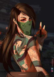 Rule 34 | 1girl, akali, arm tattoo, artist name, back, back tattoo, black hair, breasts, commentary, dagger, dragon tattoo, english commentary, green mask, hair down, hand up, hayashidraws, highres, holding, holding dagger, holding knife, holding weapon, instagram logo, knife, kunai, league of legends, light particles, long hair, looking back, mask, medium breasts, mouth mask, night, night sky, red eyes, sideboob, sky, solo, tattoo, topless, twitter logo, upper body, weapon