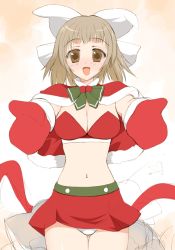 Rule 34 | 1girl, blush, bow, breasts, brown eyes, brown hair, bustier, capelet, christmas, cleavage, hair bow, hair ornament, kusaka souji, large breasts, lingerie, midriff, miniskirt, mittens, navel, open mouth, panties, red mittens, ribbon, santa costume, short hair, skirt, smile, solo, underwear