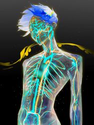 Rule 34 | 1other, arms at sides, black background, blue hair, completely nude, faceless, facing viewer, floating hair, highres, houseki no kuni, light particles, nude, other focus, phosphophyllite, phosphophyllite (ll), short hair, solo, spoilers, upper body, x-ray, xiaoxiaoguguzi