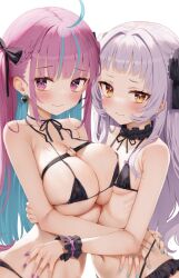 2girls ahoge alternate_costume aqua_hair aqua_nails armpit_crease asymmetrical_docking bare_shoulders belt bikini black_bow black_choker black_ribbon blush bow braid breast_press breasts brown_eyes cat_o-ring chest_belt choker cleavage closed_mouth collarbone colored_inner_hair commentary cross cross_earrings earrings fingernails frilled_bikini frilled_choker frills green_eyes hair_bow hair_ribbon hands_on_another&#039;s_hips heart heart_earrings heart_in_eye highres hololive jewelry large_breasts long_hair looking_at_viewer micro_bikini minato_aqua multicolored_hair multiple_girls murasaki_shion nail_polish navel neck_ribbon o-ring o-ring_belt pink_bow pink_eyes pink_hair pink_nails ribbon ribs saki_(saki_paint) simple_background small_breasts stomach streaked_hair swimsuit symbol_in_eye two-tone_eyes two-tone_hair two_side_up virtual_youtuber white_background wrist_bow yuri