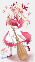 Rule 34 | 1girl, absurdres, alternate costume, alternate hairstyle, apron, blonde hair, broom, chaos marie (grimms notes), character name, downey game, grimms notes, heart, heart-shaped pupils, highres, long hair, maid, maid apron, maid headdress, open mouth, red footwear, shoes, socks, solo, symbol-shaped pupils, twintails, twitter username, white background