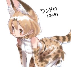 Rule 34 | 1girl, all fours, animal ear fluff, animal ears, bare shoulders, blonde hair, blush, bow, bowtie, brown eyes, clothing cutout, elbow gloves, extra ears, gloves, highres, kemono friends, looking away, notora, print gloves, print legwear, print skirt, serval (kemono friends), serval print, shirt, short hair, simple background, sketch, skirt, sleeveless, sleeveless shirt, solo, striped tail, tail, tail through clothes, traditional bowtie, white background, white shirt