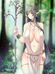 Rule 34 | 1girl, blue eyes, blurry, blush, breasts, breasts apart, cleavage, closed mouth, collarbone, cowboy shot, deep cleavage, depth of field, earrings, elf, forest, grey hair, hand up, hayabusa, hip focus, holding, holding staff, huge breasts, jewelry, light smile, long hair, looking at viewer, nature, navel, no bra, no panties, original, outdoors, pelvic curtain, pointy ears, revealing clothes, robe, smile, solo, staff, standing, thighs, very long hair