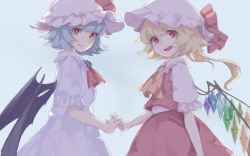 Rule 34 | 2girls, :d, ascot, bad id, bad pixiv id, bat wings, blonde hair, blue background, blue hair, breasts, brooch, chishibuki hiyoko, closed mouth, collar, collared dress, collared shirt, commentary request, cowboy shot, crystal, dress, flandre scarlet, frilled collar, frilled shirt collar, frills, hat, hat ribbon, holding hands, interlocked fingers, jewelry, light blue hair, looking at viewer, looking to the side, mob cap, multiple girls, one side up, open mouth, puffy short sleeves, puffy sleeves, rainbow order, red ascot, red eyes, red ribbon, red skirt, red vest, remilia scarlet, ribbon, shirt, short hair, short hair with long locks, short sleeves, siblings, sisters, skirt, skirt set, small breasts, smile, touhou, vest, white dress, white shirt, wings, yellow ascot