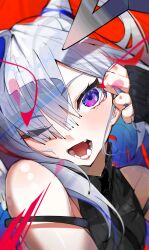 Rule 34 | 1girl, absurdres, alternate costume, amane kanata, black sweater, blue hair, colored inner hair, commentary request, detached sleeves, fangs, grey hair, hair over one eye, hair over shoulder, halo, highres, holding, holding own hair, hololive, long hair, looking at viewer, multicolored hair, one eye closed, open mouth, parted bangs, purple eyes, red background, sakusa nn, single hair intake, sleeves past wrists, solo, star halo, streaked hair, sweater, teeth, turtleneck, turtleneck sweater, virtual youtuber