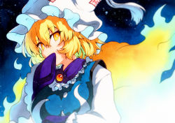 Rule 34 | 1girl, animal ears, animal hat, bad id, bad twitter id, blonde hair, fox ears, fox tail, hair between eyes, hat, highres, mob cap, multiple tails, qqqrinkappp, short hair, sleeves past fingers, sleeves past wrists, solo, tabard, tail, touhou, traditional media, upper body, white hat, wide sleeves, yakumo ran, yellow eyes