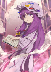 Rule 34 | 1girl, blue bow, book, bow, closed mouth, crescent, crescent hat ornament, dress, hair bow, hat, hat ornament, highres, long hair, long sleeves, mob cap, nekoguruma, open book, paper, patchouli knowledge, purple dress, purple eyes, purple hair, purple hat, sidelocks, solo, touhou, yellow bow