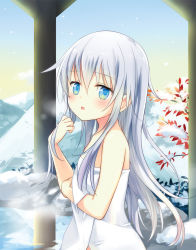 Rule 34 | 10s, 1girl, blue eyes, blue hair, hibiki (kancolle), highres, kantai collection, looking at viewer, matching hair/eyes, moca blanc, naked towel, onsen, open mouth, snow, snowing, solo, towel