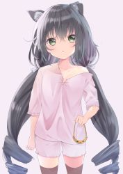 Rule 34 | 1girl, agaki anko, animal ear fluff, animal ears, bare shoulders, black hair, black thighhighs, cat ears, collarbone, commentary request, green eyes, highres, holding, holding mask, karyl (princess connect!), long hair, looking at viewer, low twintails, mask, multicolored hair, off shoulder, pajamas, pink background, princess connect!, simple background, solo, streaked hair, thighhighs, twintails, white hair