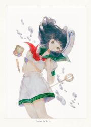 Rule 34 | 1girl, anchor symbol, bad id, bad pixiv id, black hair, clenched hands, english text, expressionless, green eyes, hands on own shoulders, hat, hishaku, looking at viewer, midriff peek, murasa minamitsu, neckerchief, red neckerchief, sailor, short sleeves, shorts, simple background, solo, touhou, water drop, white background, white shorts, yogisya