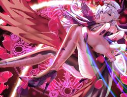 Rule 34 | 1girl, azur lane, belfast (azur lane), black footwear, breasts, cross hair ornament, demon girl, demon horns, fingernails, flower, from side, gosama, hair flower, hair ornament, high heels, highres, horns, large breasts, long hair, looking at viewer, magic circle, nail polish, outstretched arm, pointy ears, purple nails, reaching, reaching towards viewer, red flower, sharp fingernails, skin tight, solo, stiletto heels, tongue, tongue out