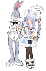 Rule 34 | 1boy, 1girl, adjusting another&#039;s hair, animal ear fluff, animal ears, black gloves, black neckwear, black pantyhose, blue hair, blush, bow, bowtie, braid, breasts, bugs bunny, carrot hair ornament, coat, coat dress, collared shirt, commentary, crossover, detached sleeves, don-chan (usada pekora), dress, english commentary, english text, flying sweatdrops, food-themed hair ornament, fur-trimmed coat, fur-trimmed gloves, fur scarf, fur trim, furry, furry male, furry with non-furry, gloves, hair bow, hair ornament, highres, hikimayu, himuhino, hololive, interspecies, knees together feet apart, long hair, looking at another, looney tunes, multicolored hair, orange eyes, pantyhose, pigeon-toed, puffy short sleeves, puffy sleeves, rabbit ears, rabbit girl, rabbit tail, scarf, shirt, short eyebrows, short sleeves, small breasts, smile, standing, strapless, strapless coat, strapless dress, tail, thick eyebrows, trait connection, tuxedo, twin braids, two-tone hair, usada pekora, usada pekora (1st costume), virtual youtuber, white bow, white coat, white hair, white scarf, white shirt, white sleeves
