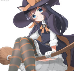 Rule 34 | 1girl, animal ears, asashio (kancolle), ass, black hair, blue eyes, bow, bowtie, broom, cat ears, closed mouth, dress, eyebrows, gloves, halloween, halloween costume, happy halloween, hat, highres, kantai collection, long hair, long sleeves, looking at viewer, orange bow, orange bowtie, redundant-cat, shirt, simple background, sitting, smile, solo, striped clothes, striped thighhighs, thighhighs, white background, white gloves, white shirt, witch, witch hat