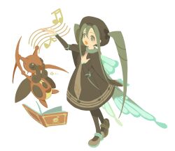 Rule 34 | 1girl, :o, arm up, book, bug miku (project voltage), commentary request, creatures (company), crossover, dress, ealin, game freak, gen 4 pokemon, green eyes, green hair, hand up, hat, hatsune miku, highres, kricketune, long hair, music, musical note, nintendo, open mouth, pantyhose, pokemon, project voltage, shoes, simple background, singing, staff (music), standing, twintails, vocaloid, white background
