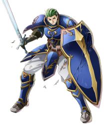 Rule 34 | 1boy, armor, armored boots, boots, draug (fire emblem), fire emblem, fire emblem: mystery of the emblem, fire emblem heroes, full body, gloves, green eyes, green hair, highres, injury, itagaki hako, male focus, nintendo, official art, scar, shield, solo, sword, teeth, transparent background, weapon