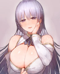 Rule 34 | 1girl, azur lane, bad id, bad pixiv id, blush, breasts, c.cu, cleavage, curvy, detached sleeves, half-closed eyes, hand on own cheek, hand on own face, huge breasts, looking at viewer, parted lips, pulled by self, purple eyes, rodney (azur lane), silver hair, smile, solo, upper body