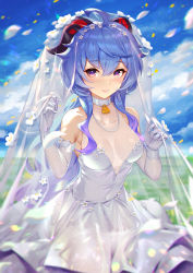 Rule 34 | 1girl, absurdres, ahoge, alternate costume, bare shoulders, bead necklace, beads, bell, blue sky, blush, breasts, bridal veil, bride, cleavage, cloud, collarbone, covered navel, day, dress, elbow gloves, flower, ganyu (genshin impact), genshin impact, gloves, hands up, highres, horns, jewelry, looking at viewer, meadow, medium breasts, necklace, nose blush, on grass, on ground, outdoors, parted lips, petals, purple eyes, ring (1079882045), see-through, sidelocks, sitting, sky, smile, solo, veil, wedding dress, white dress, white flower, white gloves