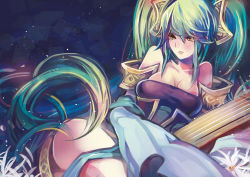 Rule 34 | 1girl, blush, breasts, brown eyes, etwahl, green hair, highres, league of legends, long hair, shadowsinking, solo, sona (league of legends), twintails, very long hair