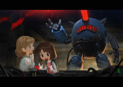Rule 34 | 2girls, absurdres, backpack, bag, black eyes, blonde hair, blurry, blurry background, blurry foreground, blush, brown hair, computer, devil lo, highres, horns, indoors, laser, mechanical, multiple girls, open mouth, original, red eyes, robot, rust, short hair, smoke, sweater, teeth, tongue, upper teeth only