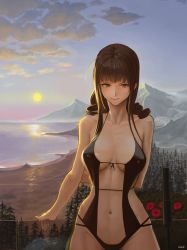 Rule 34 | 1girl, absurdres, ahoge, alternate costume, bare shoulders, blunt bangs, blush, breasts, brown hair, cleavage, cloud, collarbone, covered erect nipples, cowboy shot, dsr-50 (girls&#039; frontline), flower, girls&#039; frontline, groin, highres, landscape, large breasts, long hair, looking at viewer, mountainous horizon, navel, ocean, oclet, one-piece swimsuit, red eyes, red flower, scenery, sidelocks, signature, smile, solo, stomach, sun, sunset, suppressor, swimsuit, thighs, very long hair