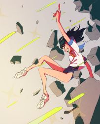 Rule 34 | 1girl, ammonio, black hair, explosion, grin, highres, index finger raised, jumping, original, shoes, smile, sneakers, solo, swimsuit, swimsuit under clothes, teeth, white footwear