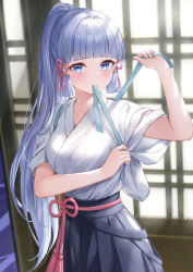 Rule 34 | 1girl, ayaka (genshin impact), blue eyes, blue hair, blue hakama, blunt bangs, blush, breasts, commentary request, fingernails, genshin impact, hakama, has bad revision, has downscaled revision, higeneko, highres, japanese clothes, kimono, large breasts, light blue hair, long hair, looking at viewer, md5 mismatch, ponytail, resolution mismatch, sidelocks, solo, source smaller, white kimono, wide sleeves