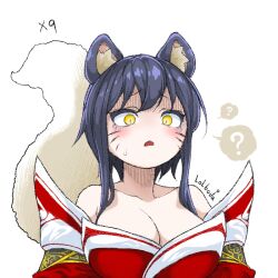 Rule 34 | 1girl, ?, ahri (league of legends), animal ears, bare shoulders, breasts, cleavage, d:, detached sleeves, facial mark, fox ears, fox tail, grey background, juliet sleeves, large breasts, league of legends, lolboja, long sleeves, medium hair, open mouth, puffy sleeves, red sleeves, short hair, sidelocks, solo, speech bubble, tail, whisker markings, white background, yellow eyes