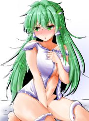 Rule 34 | &gt;:o, 1girl, bare arms, bare shoulders, blue background, blush, bottomless, breasts, collarbone, commentary request, covered erect nipples, eyes visible through hair, frog hair ornament, gradient background, green eyes, green hair, hair between eyes, hair ornament, hair tubes, hand on own chest, highres, kochiya sanae, large breasts, long hair, looking away, messy hair, navel, nose blush, off shoulder, oshiaki, panties, panties around leg, seiza, shirt, sidelocks, sitting, snake, solo, stomach, thighs, touhou, underwear, v-shaped eyebrows, very long hair, white background, white panties, white shirt