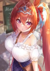 Rule 34 | 1girl, :o, absurdres, animal ears, bag, bare shoulders, between breasts, blouse, blue skirt, blurry, blurry background, blush, breasts, brown hair, casual, cleavage, collarbone, commentary request, daiwa scarlet (umamusume), depth of field, eyes visible through hair, hair between eyes, hair intakes, handbag, high-waist skirt, highres, horse ears, horse girl, horse tail, large breasts, lens flare, long hair, looking at viewer, off-shoulder shirt, off shoulder, onabe no shime, parted lips, purple eyes, shirt, skirt, solo, strap between breasts, surprised, tail, tiara, twintails, umamusume, underbust, very long hair, white shirt