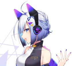 Rule 34 | 1girl, ahoge, black leotard, blue eyes, blunt bangs, blunt ends, bob cut, braid, breasts, character name, collarbone, commentary request, cropped, french braid, gradient hair, grey hair, hand up, headphones, high collar, jacket, jacket partially removed, kitsune ncv, large breasts, leotard, looking at viewer, looking to the side, multicolored hair, neutrino (software), no. 7 (neutrino), open mouth, profile, purple hair, purple nails, side braid, smile, solo, symbol in eye, triangle hair ornament, twitter username, two-tone leotard, upper body, voicevox, white background, white leotard