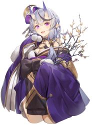 Rule 34 | 1girl, :d, bare shoulders, black hair, branch, breasts, cleavage, crescent, crescent hair ornament, cropped legs, fang, grey hair, hair ornament, highres, holding, holding branch, horns, kaerunoko, long hair, long sleeves, looking at viewer, low twintails, mole, mole under eye, multicolored hair, nijisanji, o-ring, open mouth, pointy ears, purple eyes, rindou mikoto, simple background, skin fang, smile, solo, streaked hair, twintails, virtual youtuber, white background, wide sleeves