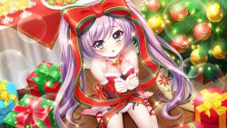 Rule 34 | 1girl, bare shoulders, barefoot, blush, bound, bound wrists, bow, box, breasts, christmas lights, christmas ornaments, christmas tree, cleavage, collarbone, cup, dot nose, dress, drinking glass, film grain, from above, fur-trimmed dress, fur trim, game cg, gift, gift box, green eyes, hair bow, izumi tsubasu, large bow, leg ribbon, lens flare, looking at viewer, medium breasts, misaki sango, non-web source, official art, open mouth, plate, purple hair, re:stage!, red bow, red dress, ribbon, santa dress, see-through, see-through cleavage, sitting, snowflake print, solo, sparkle, table, tablecloth, twintails, wariza, wooden floor
